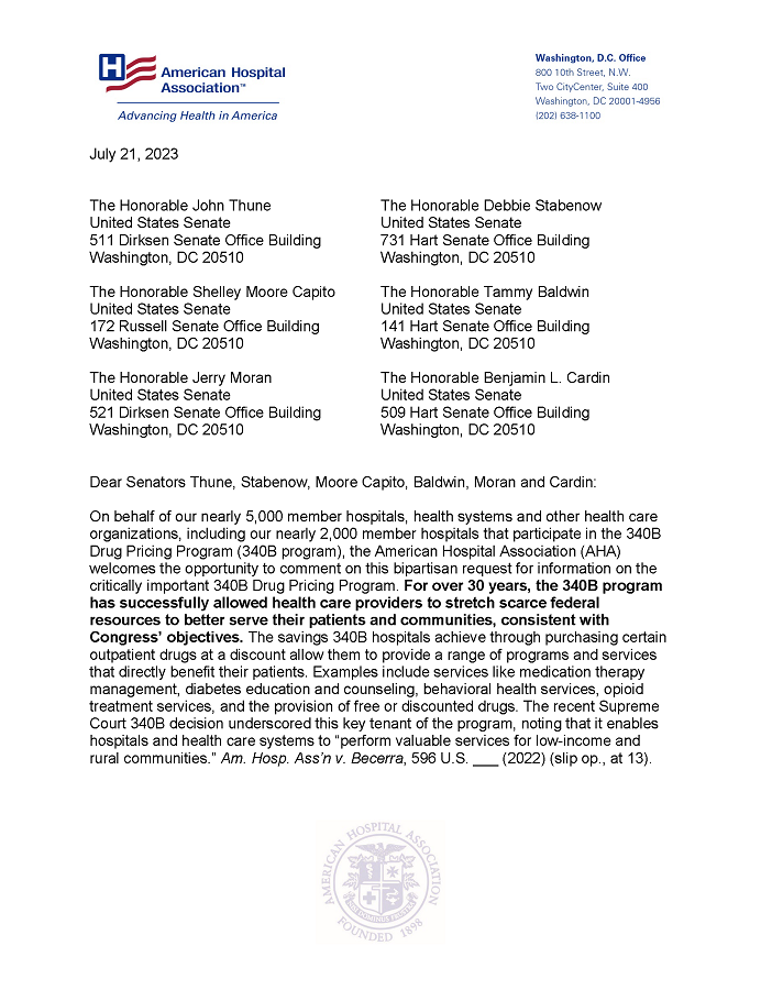 AHA Responds to Senate Bipartisan RFI on the 340B Drug Pricing Program page 1.