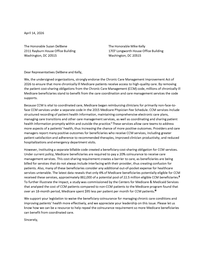 AHA, Others Express Support for Chronic Care Management Improvement Act of 2026 page 1.