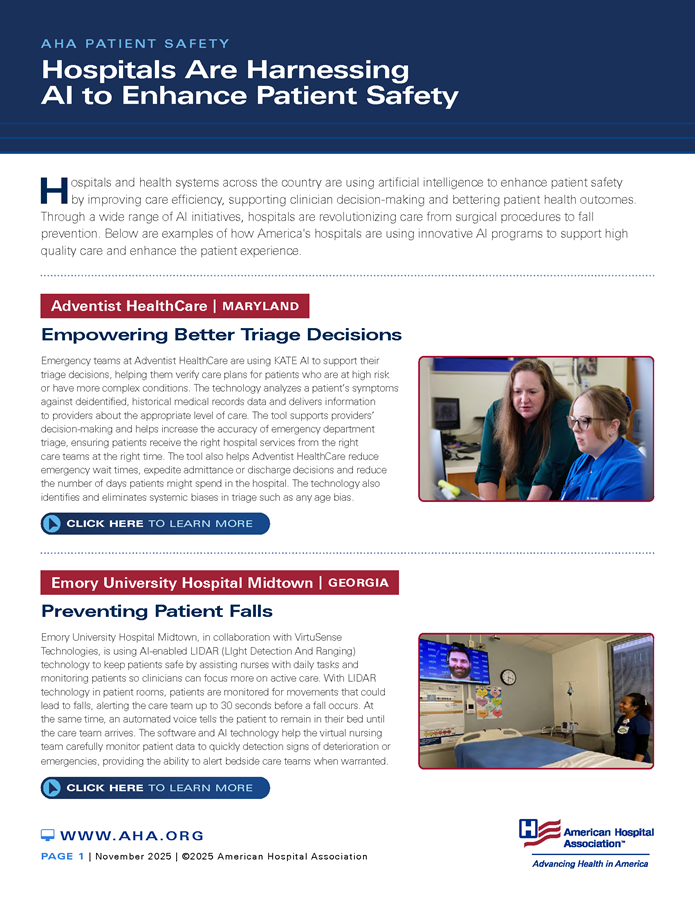AHA Patient Safety: Hospitals Are Harnessing AI to Enhance Patient Safety page 1.