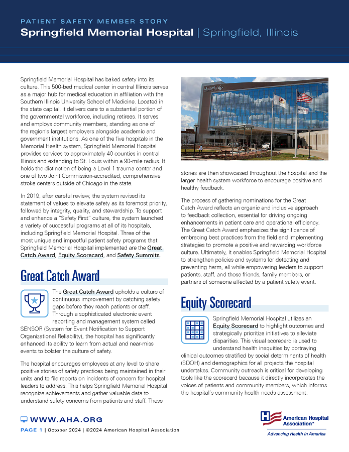 Patient Safety Member Story: Springfield Memorial Hospital, Springfield, Illinois, page one.