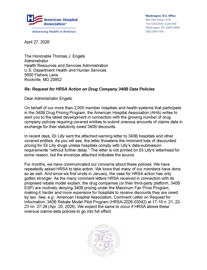 AHA Request for HRSA Action on Drug Company 340B Data Policies letter page 1.