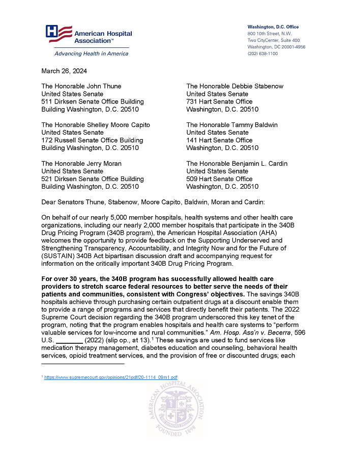 AHA Responds to Senate RFI on the SUSTAIN 340B Act Draft page 1.