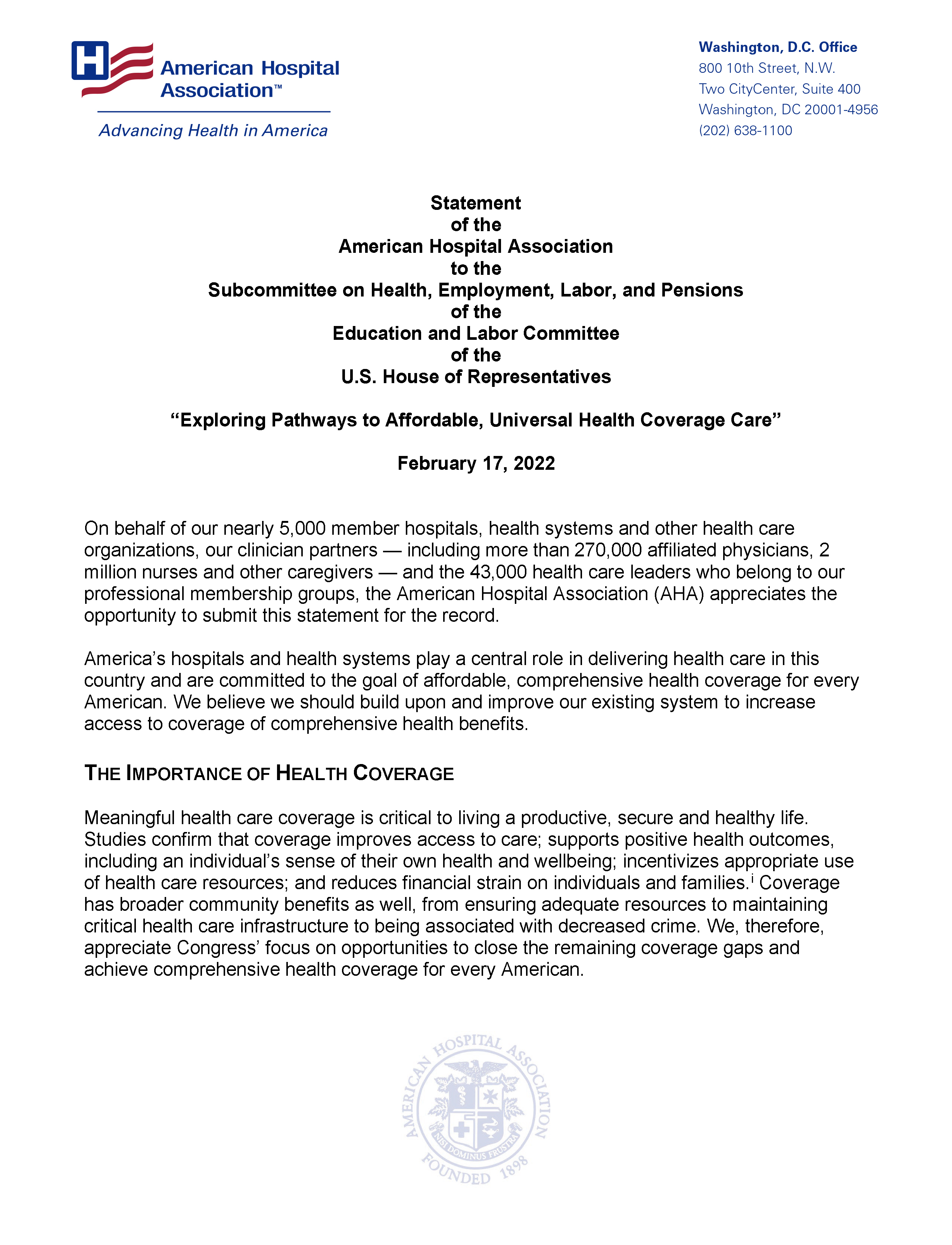 AHA Statement "Exploring Pathways to Affordable, Universal Health Coverage Care" page 1.