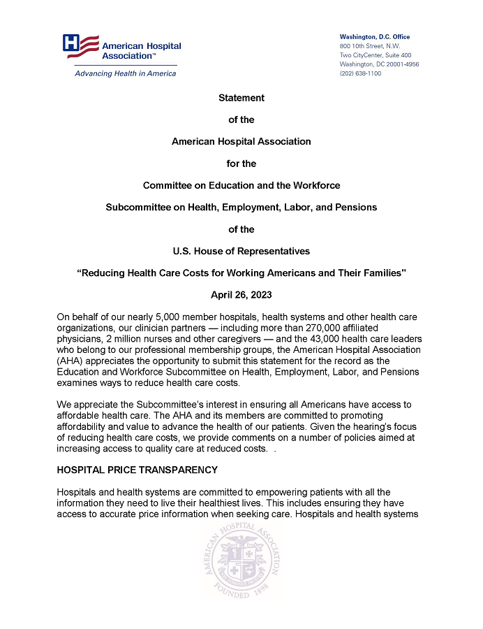 AHA Statement for the Committee on Education and the Workforce Subcommittee on Health, Employment, Labor, and Pensions page 1.