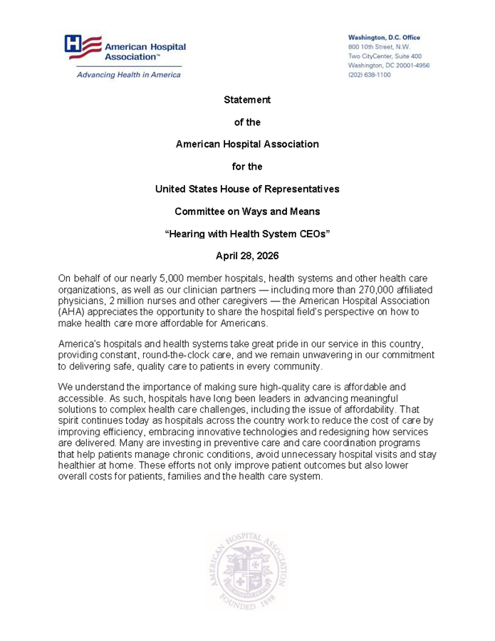 AHA Statement on House Ways and Means Affordability Hearing with Hospital CEOs page 1.