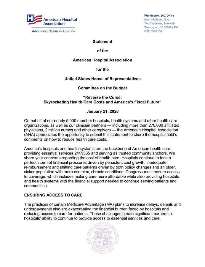 AHA Statement to House Budget Committee for Health Care Affordability Hearing page 1.
