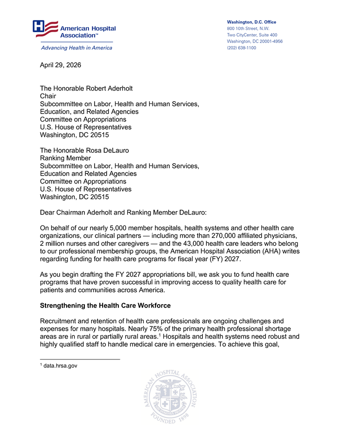 AHA Submits Requests to House for FY 2027 Health Care Program Funding page 1.