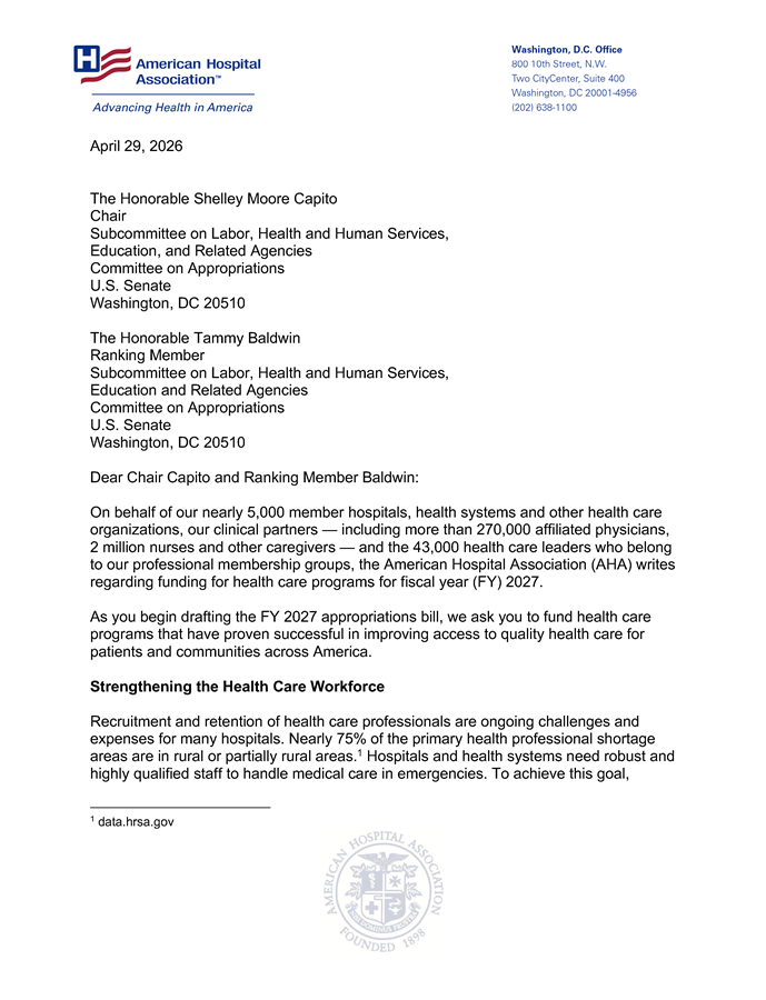 AHA Submits Requests to Senate for FY 2027 Health Care Program Funding letter page 1.