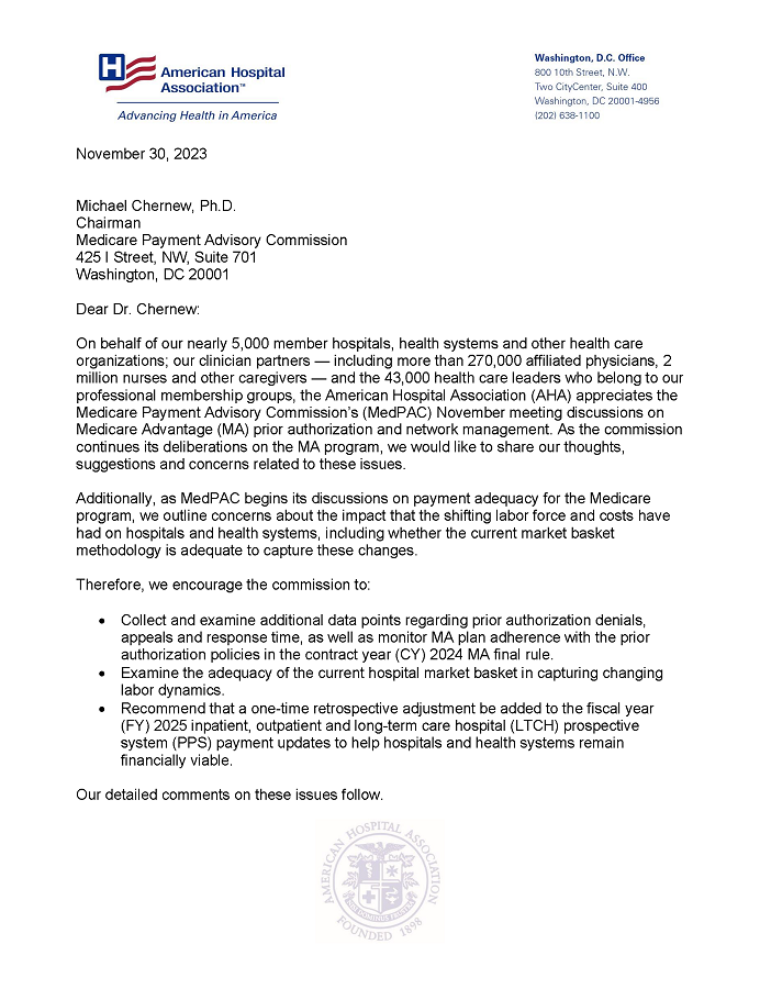 AHA Urges MedPAC to Examine Medicare Advantage Denials, Hospital Market Basket  letter page 1.