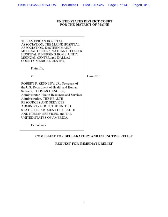 AHA v. Kennedy 340B Complaint for Declaratory and Injunctive Relief page 1.