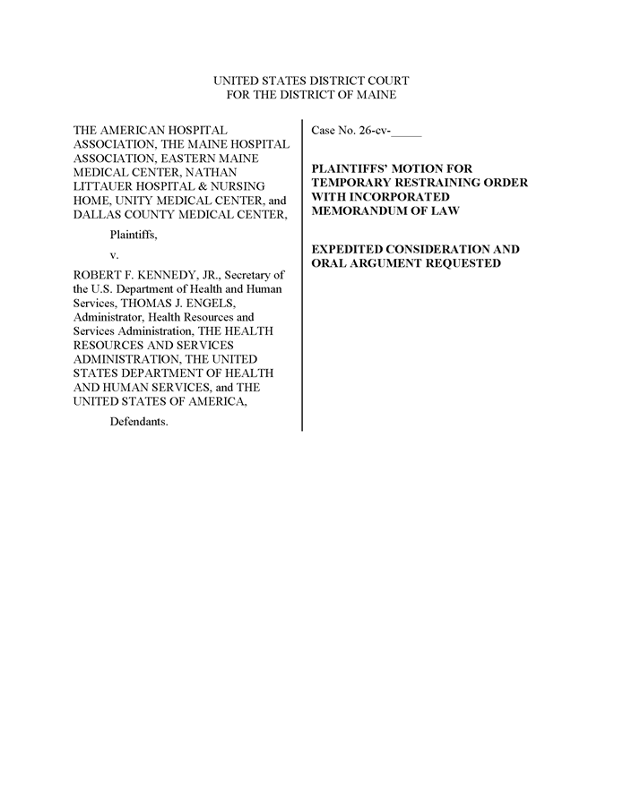 AHA Files 340B Motion for Temporary Restraining Order with Incorporated Memorandum of Law Against HHS, HRSA page 1.