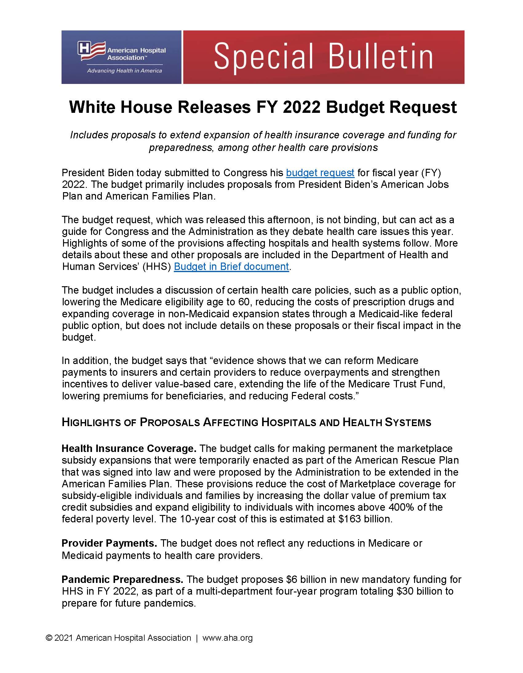 Special Bulletin: White House Releases FY 2022 Budget Request page 1.