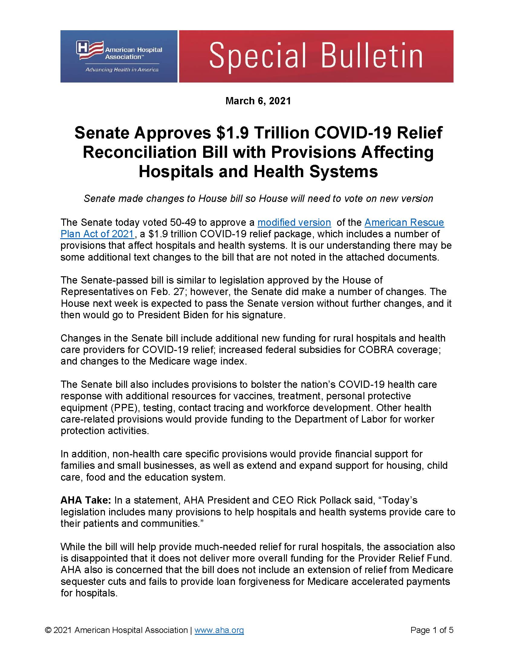 Special Bulletin: Senate Approves $1.9 Trillion COVID-19 Relief Reconciliation Bill with Provisions Affecting Hospitals and Health Systems. March 6, 2021. Page 1.