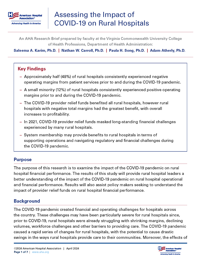 Assessing the Impact of COVID-19 on Rural Hospitals report page 1.