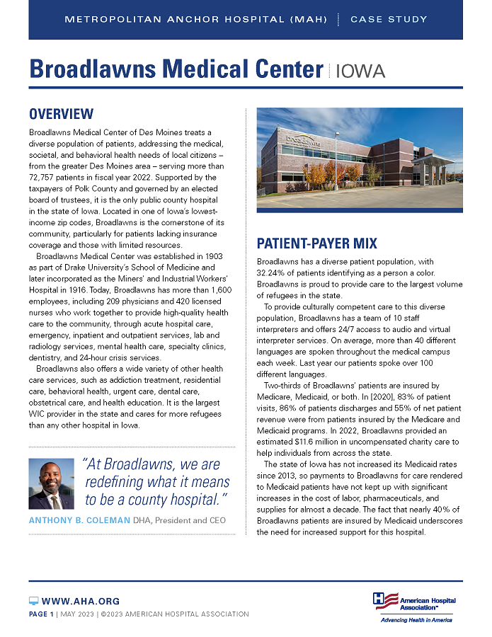 Broadlawns Medical Center, Iowa: Metropolitan Anchor Hospital (MAH) case study page 1.