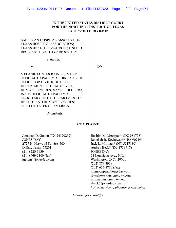 Case Complaint: AHA, THA, THR, United Health Care System v. Rainer page 1.