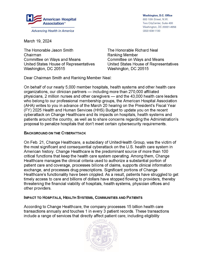 Congress Urged to Help Hospitals Impacted by Change Healthcare Cyberattack letter page 1.