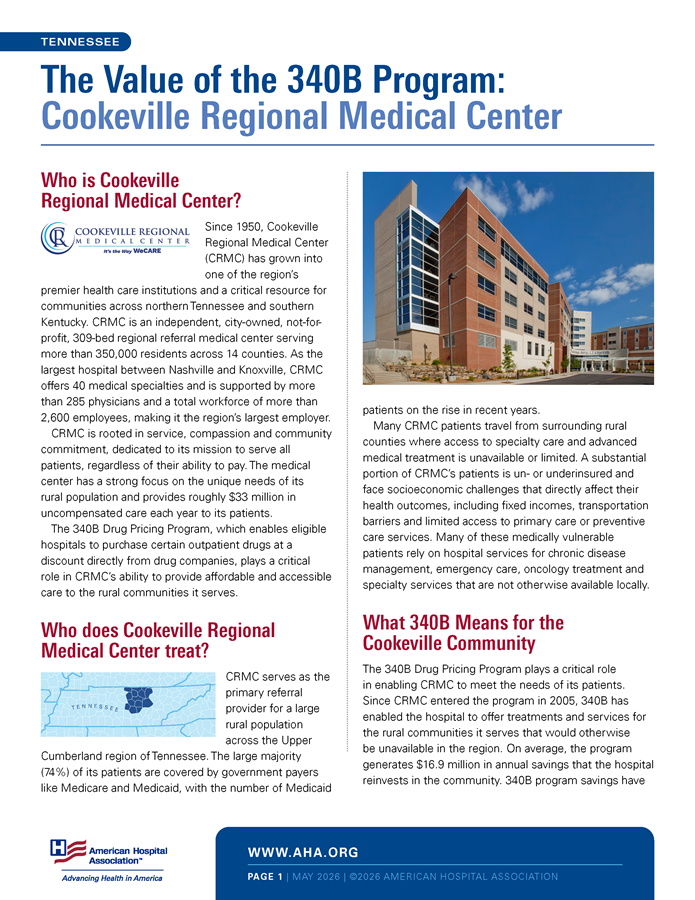 The Value of the 340B Program: Cookeville Regional Medical Center | Tennessee page 1.