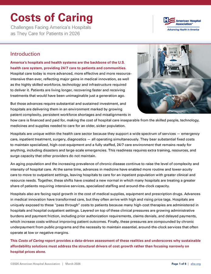 Costs of Caring: Challenges Facing America's Hospitals as They Care for Patients in 2026 page 1.