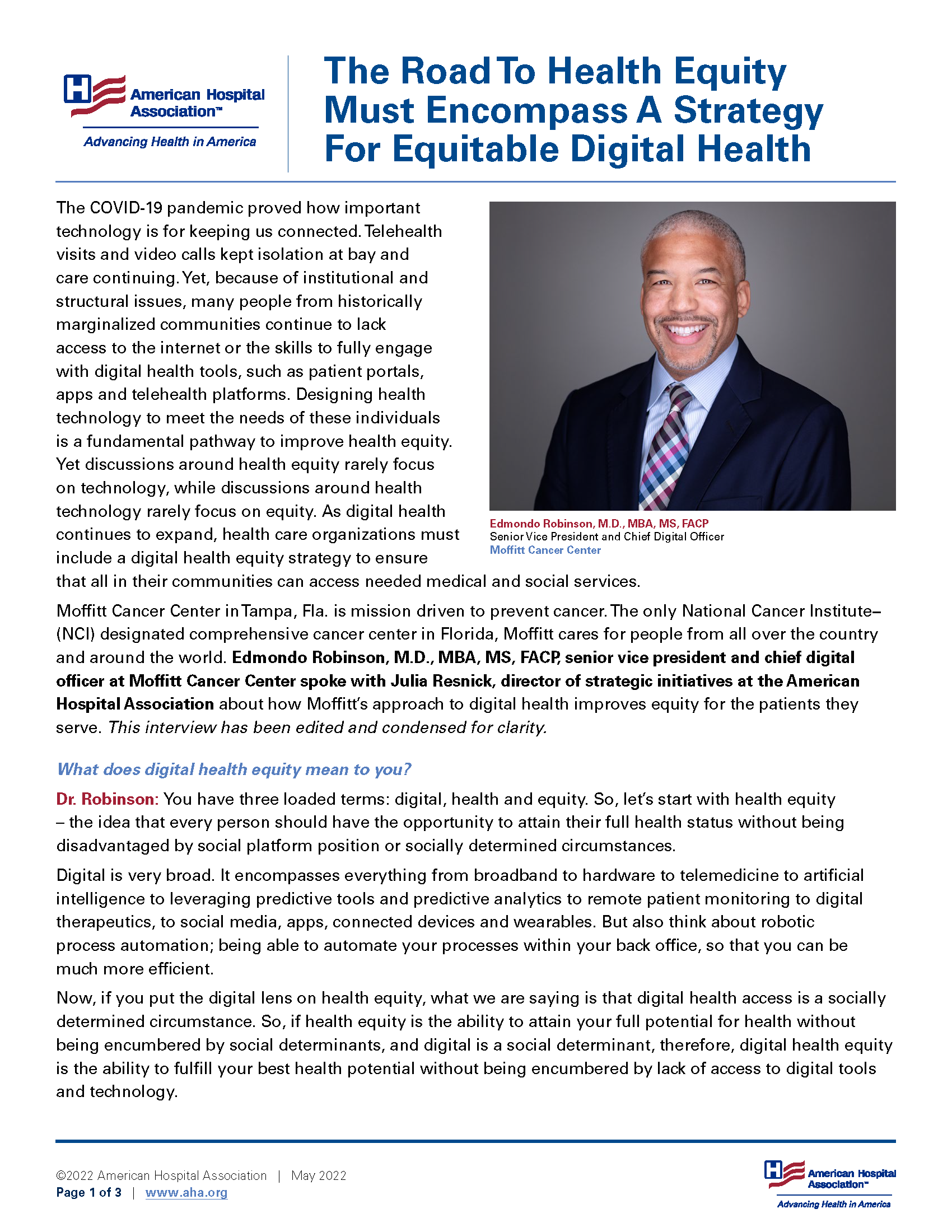 The Road to Health Equity Must Encompass a Strategy for Equitable Digital Health page 1.