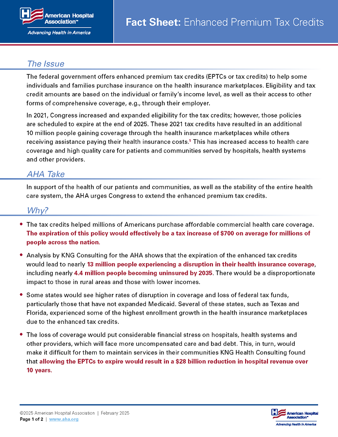 Fact Sheet: Enhanced Premium Tax Credits page 1.