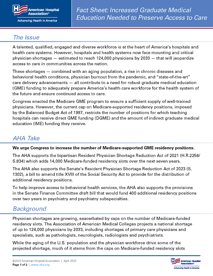 Fact Sheet: Increased Graduate Medical Education Needed to Preserve Access to Care April 2023 page 1.