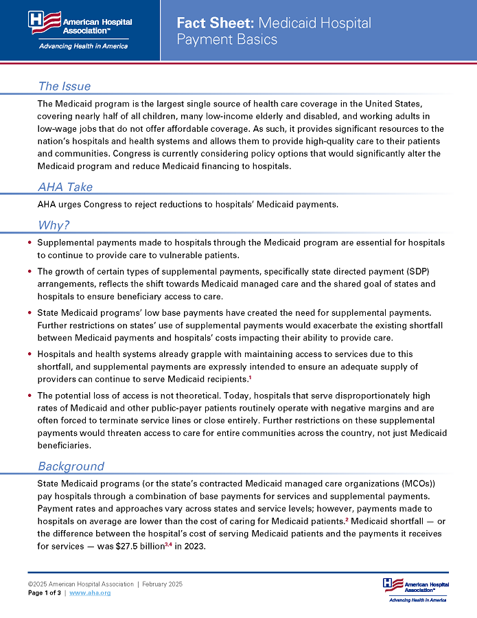 Fact Sheet: Medicaid Hospital Payment Basics page 1.