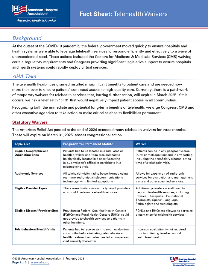 Fact Sheet: Telehealth Waivers page 1.