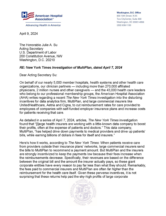 Following NYT Investigation, AHA Urges DOL to Investigate Actions of MultiPlan and Commercial Insurers letter page 1.