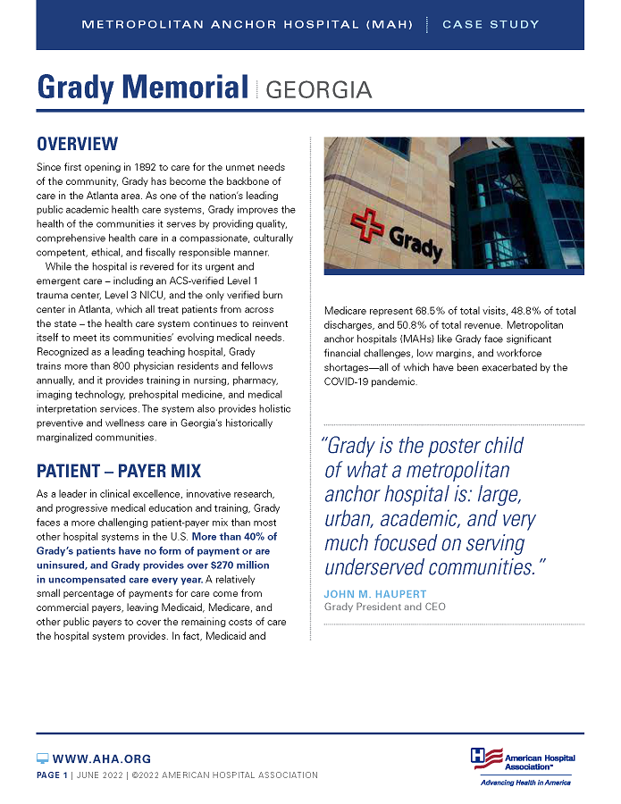 Grady Memorial, Georgia: Metropolitan Anchor Hospital (MAH) case study page 1.