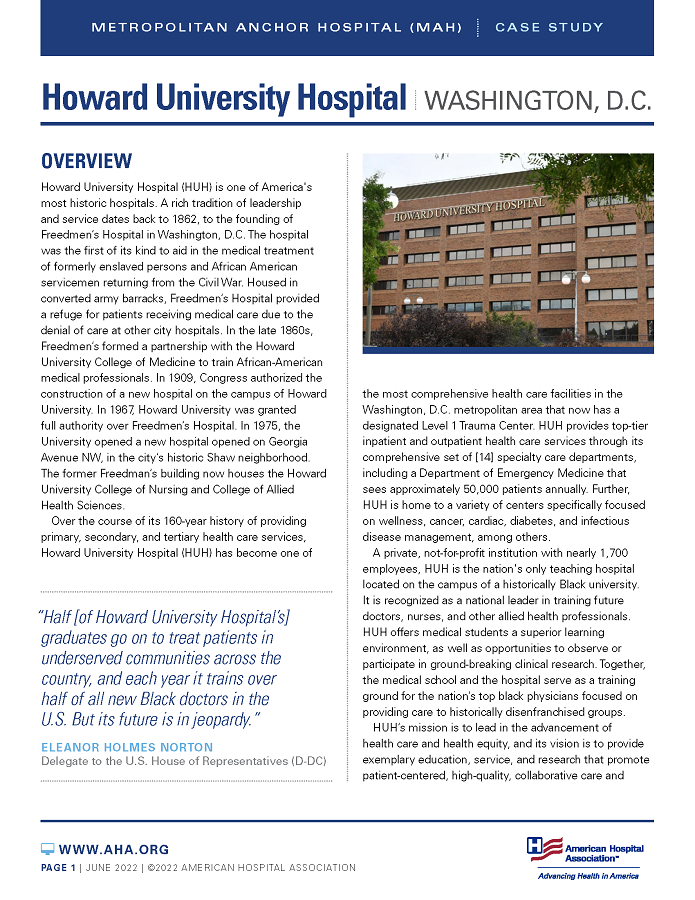 Howard University Hospital, Washington, D.C.: Metropolitan Anchor Hospital (MAH) case study page 1.