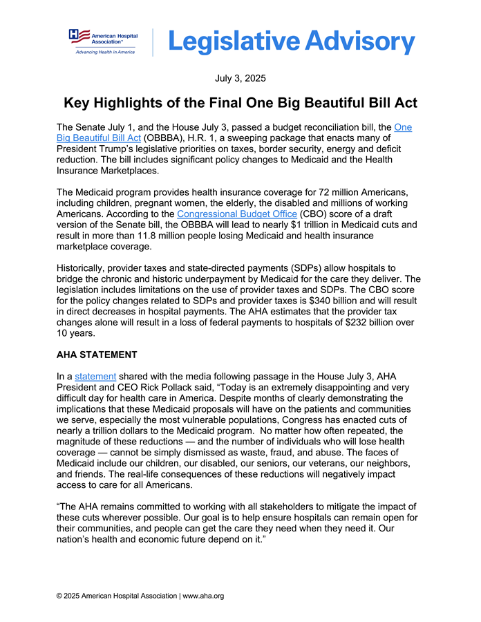 Legislative Advisory: Key Highlights of the Final One Big Beautiful Bill Act page 1.