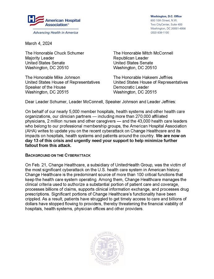 AHA Urges Congress to Provide Support to Help Minimize Further Fallout from Change Healthcare Attack letter page 1.