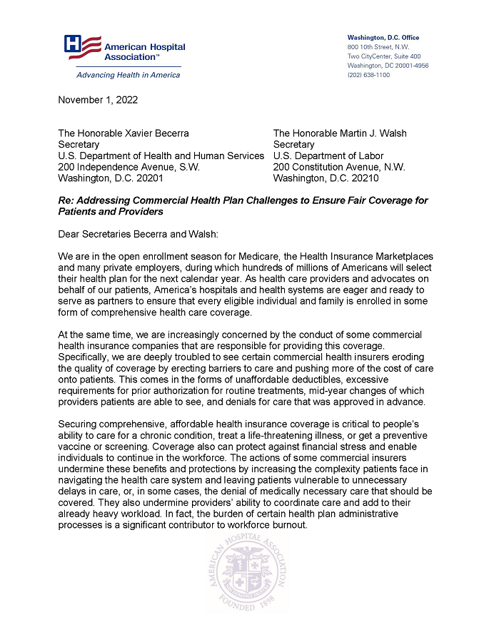 Letter to HHS and DOL on Addressing Commercial Health Plan Challenges to Ensure Fair Coverage for Patients and Providers page 1.