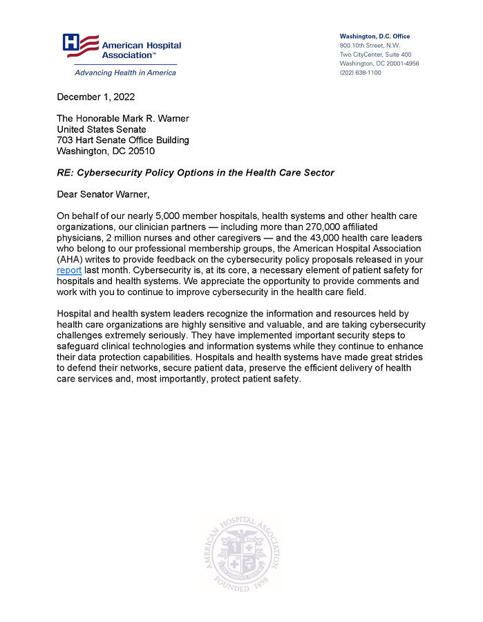 AHA Letter to Senator Warner on Cybersecurity Policy Options in the Health Care Sector page 1.