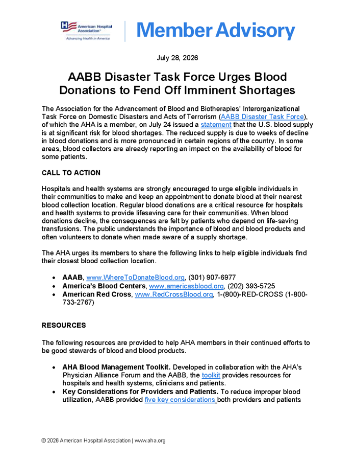 Member Advisory: AABB Disaster Task Force Urges Blood Donations to Fend Off Imminent Shortages page 1.