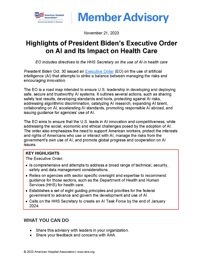 Member Advisory: Highlights of President Biden’s Executive Order on AI page 1.