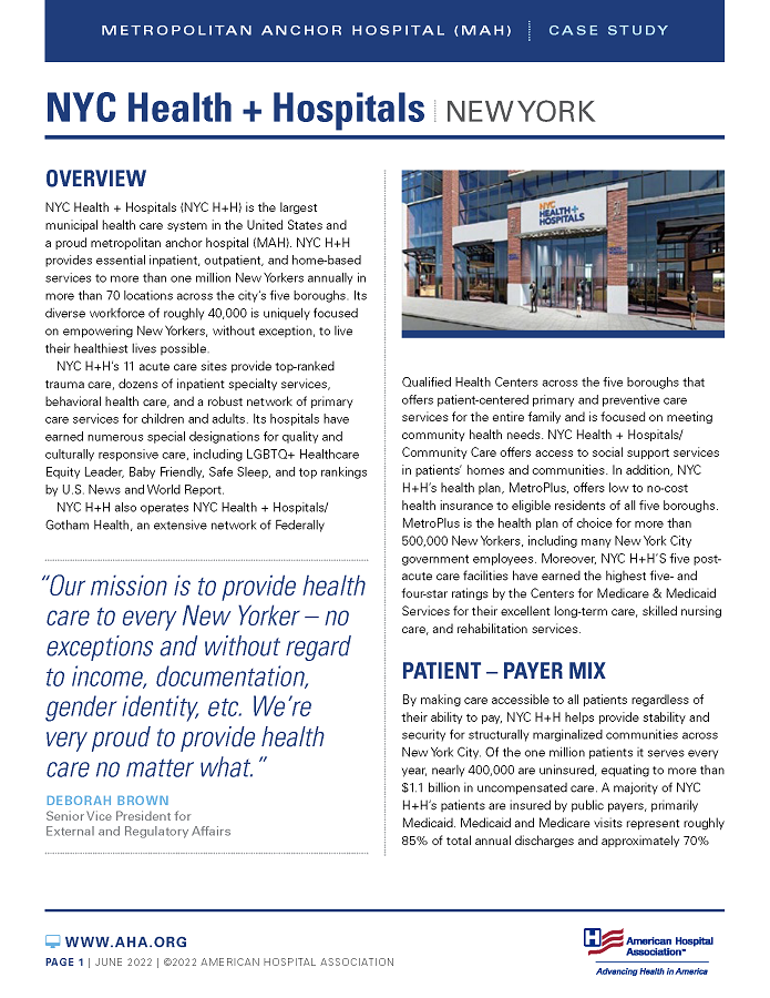 NYC Health + Hospitals, New York: Metropolitan Anchor Hospital (MAH) case study page 1.