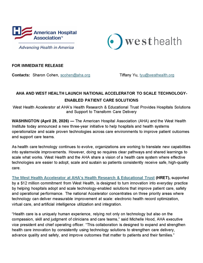 Press Release: AHA and West Health Launch National Accelerator to Scale Technology-Enabled Patient Care Solutions page 1.