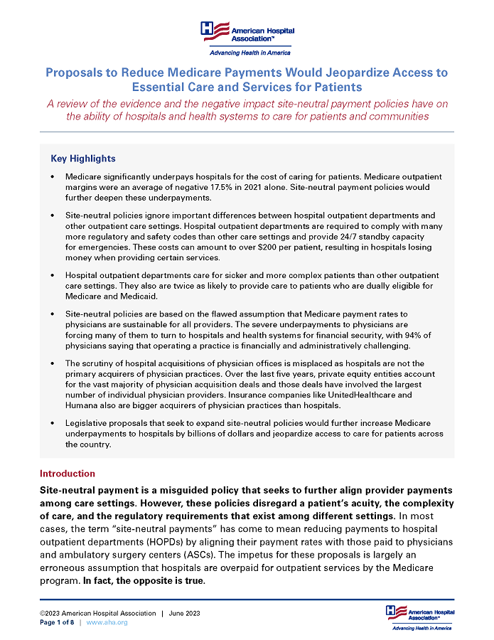 Proposals to Reduce Medicare Payments Would Jeopardize Access to Essential Care and Services for Patients page 1.