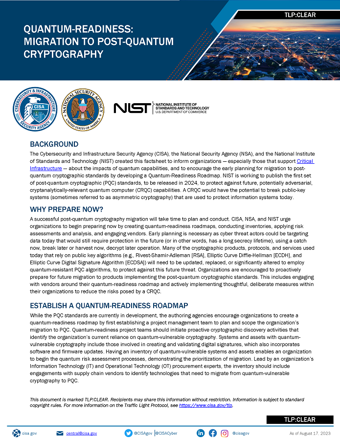 Quantum-Readiness: Migration to Post-quantum Cryptography TLP:CLEAR report page 1.