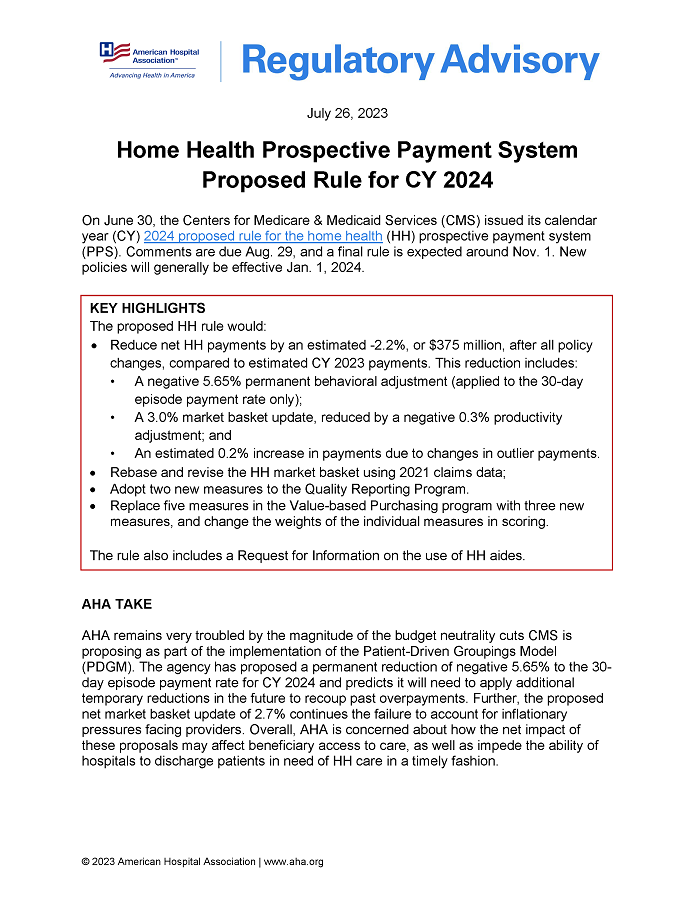 Regulatory Advisory: Home Health Prospective Payment System Proposed Rule for CY 2024 page 1.
