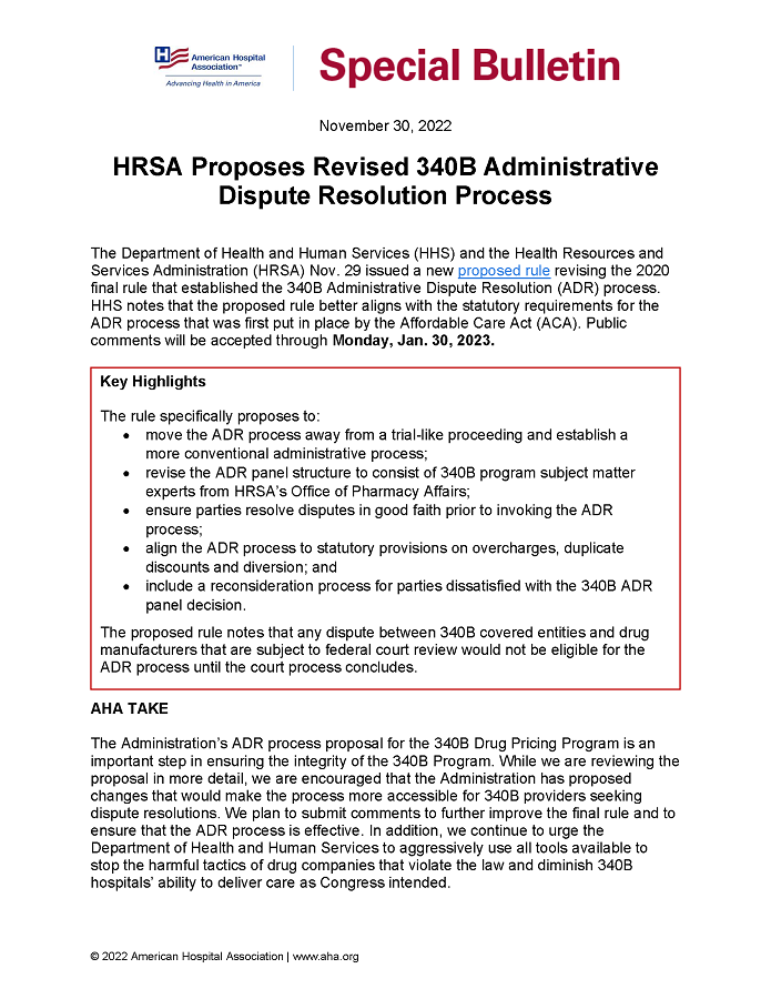 Special Bulletin: HRSA Proposes Revised 340B Administrative Dispute Resolution Process page 1.