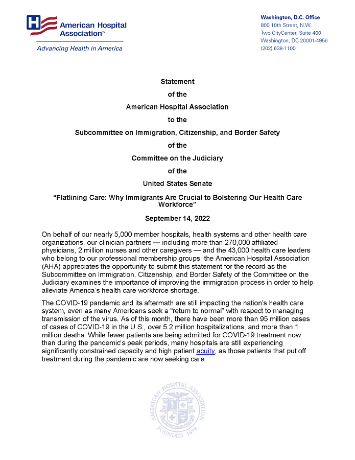 AHA Statement to Flatlining Care: Why Immigrants Are Crucial to Bolstering Our Health Care Workforce Hearing page 1.