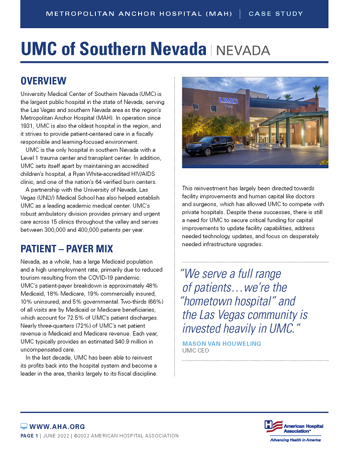 UMC of Southern Nevada, Nevada: Metropolitan Anchor Hospital (MAH) case study page 1.