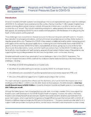 Hospitals and Health Systems Face Unprecedented Financial Pressures Due to COVID-19 report first page