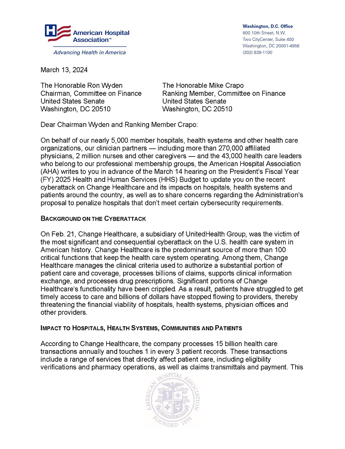Letter: AHA Urges More Congressional Action to Help Providers Affected By Change Healthcare Cyberattack letter page 1.