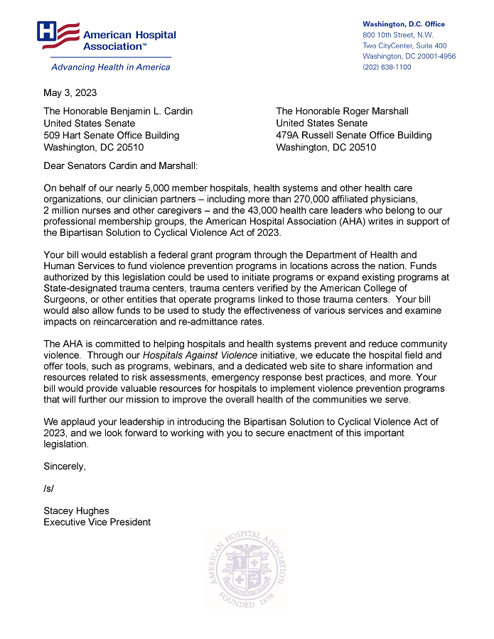 AHA Letter to Senate in Support of Bipartisan Solution to Cyclical Violence Act page 1.
