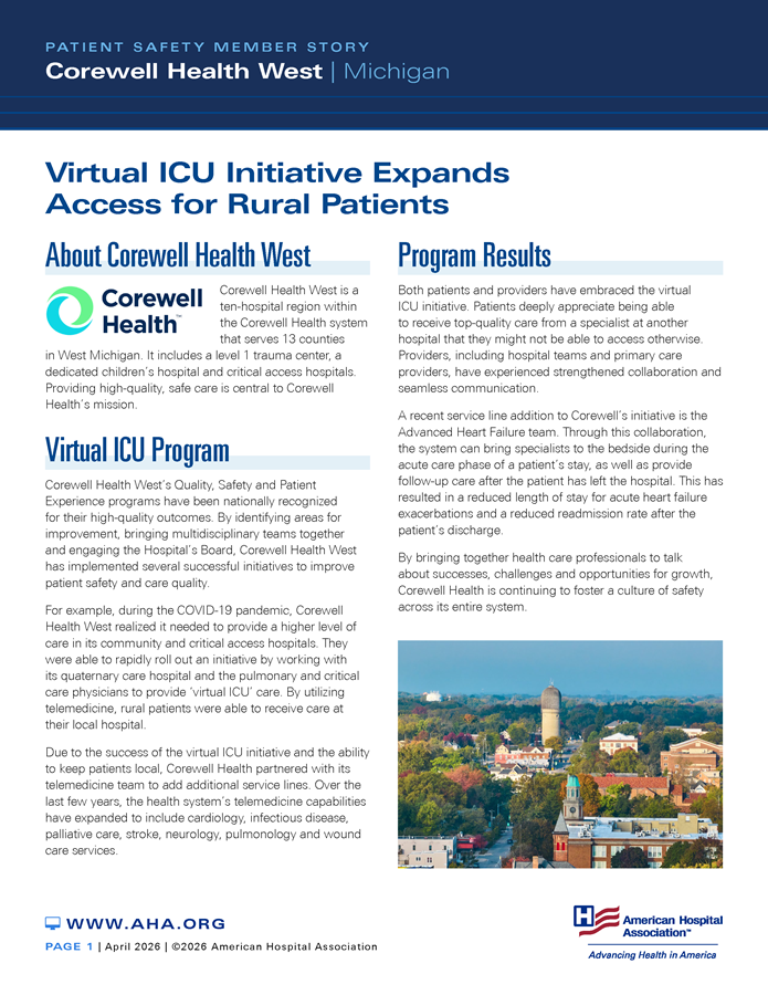Patient Safety Member Story: Corewell Health West | Michigan. Virtual ICU Initiative Expands Access for Rural Patients.