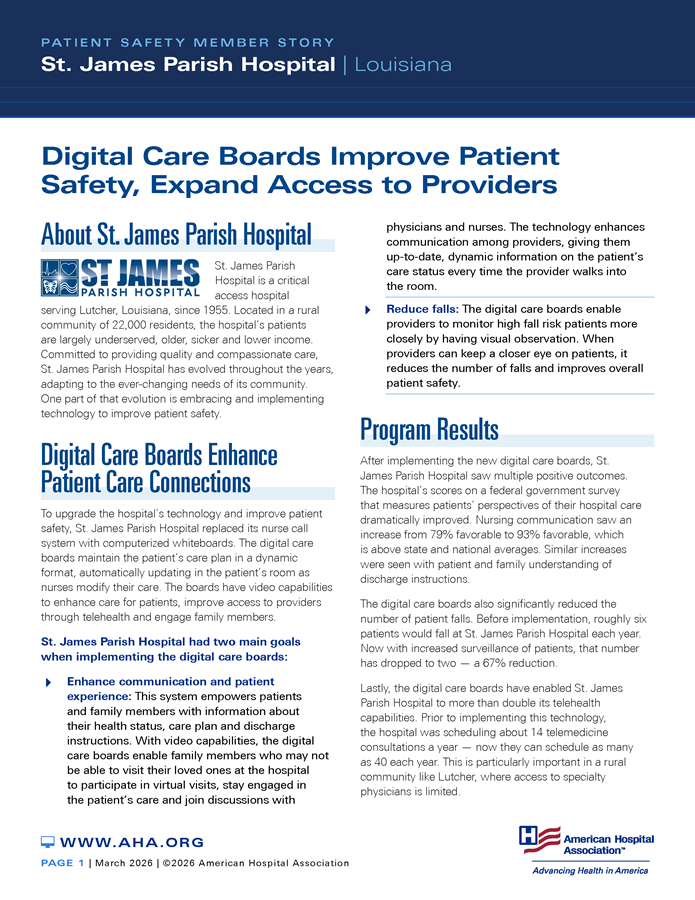 Patient Safety Member Story: St. James Parish Hospital | Louisiana. Digital Care Boards Improve Patient Safety, Expand Access to Providers.